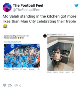 Screenshot 20230624 113932 Fans go Crazy as Mohamed Salah's Kitchen Photo gets More Likes than Manchester City's Treble Winning Tweet