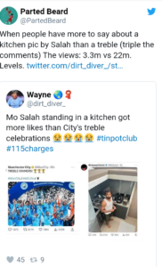 Screenshot 20230624 114005 Fans go Crazy as Mohamed Salah's Kitchen Photo gets More Likes than Manchester City's Treble Winning Tweet