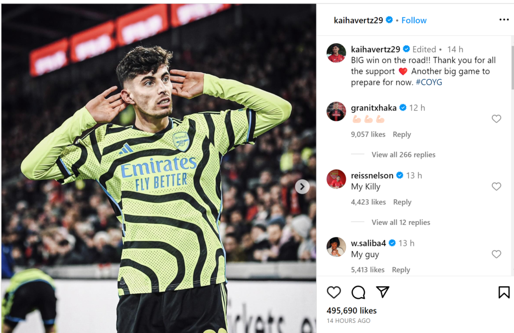 Screenshot 2023 11 26 112221 Kai Havertz Sends Thankful Message to Arsenal Fans After Dramatic Premier League Winner