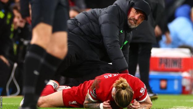 132135444 gettyimages 1870878104 Jurgen Klopp Offers Updates on the Injuries of Kostas Tsimikas and Luis Diaz