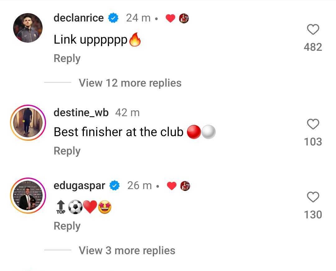 Declan Rice reply to Leandro Trossard on Instagram after Arsenal v Bournemouth