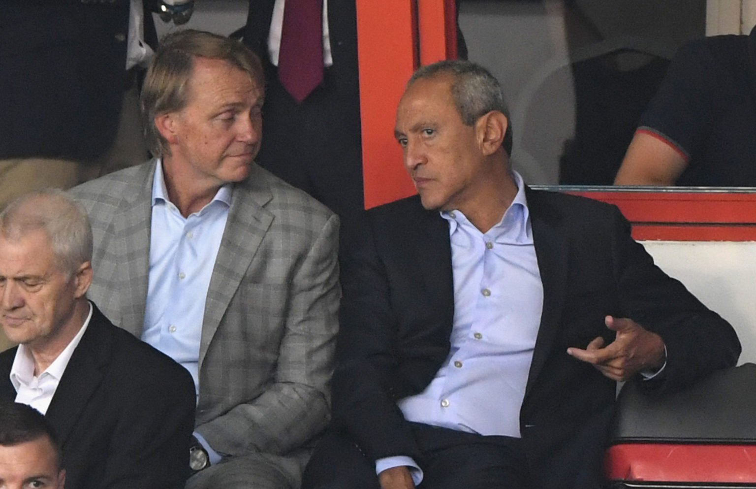 New Aston Villa owners Nassef Sawiris (r) and Wes Edens look on during a friendly match between Aston Villa and West Ham United at Banks' Stadium o...