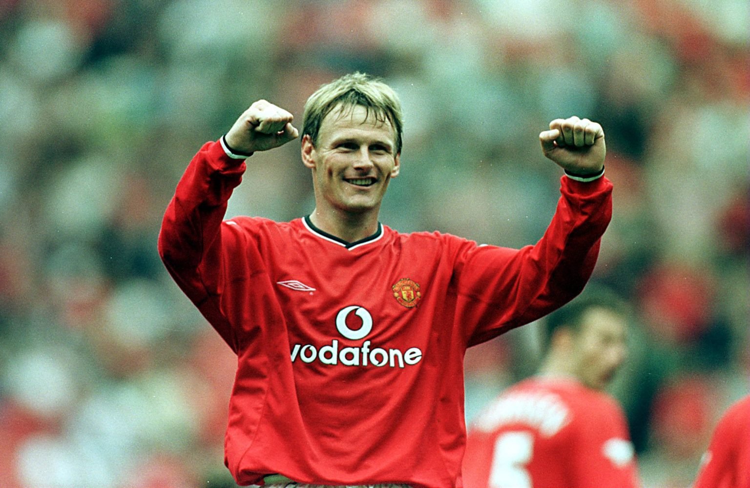 Teddy Sheringham of Manchester United celebrates scoring the second goal during the FA Carling Premiership game between Manchester United v Sunderl...