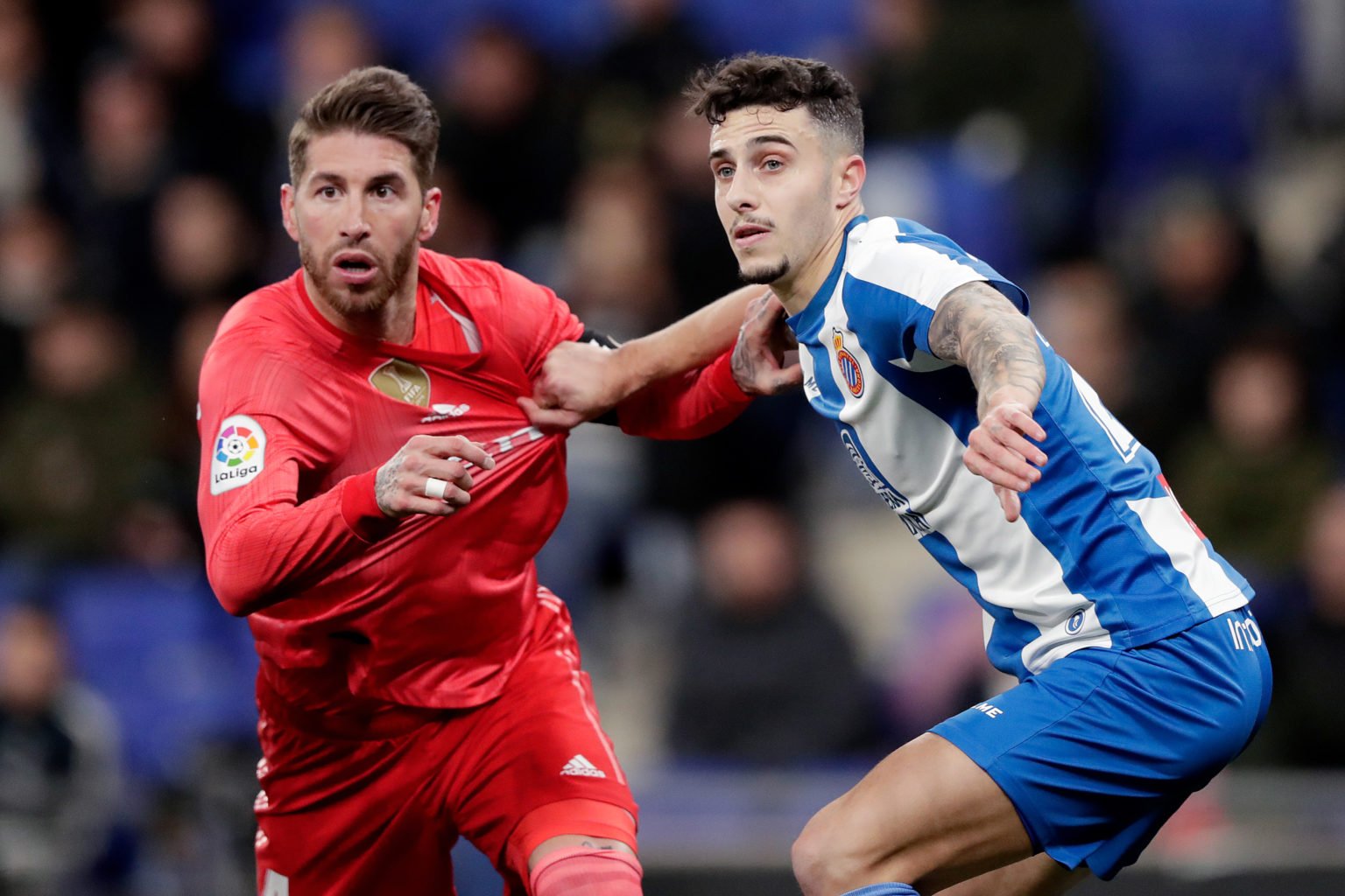 (L-R) Sergio Ramos of Real Madrid, Mario Hermoso of Espanyol during the La Liga Santander  match between Espanyol v Real Madrid at the RCDE Stadium...