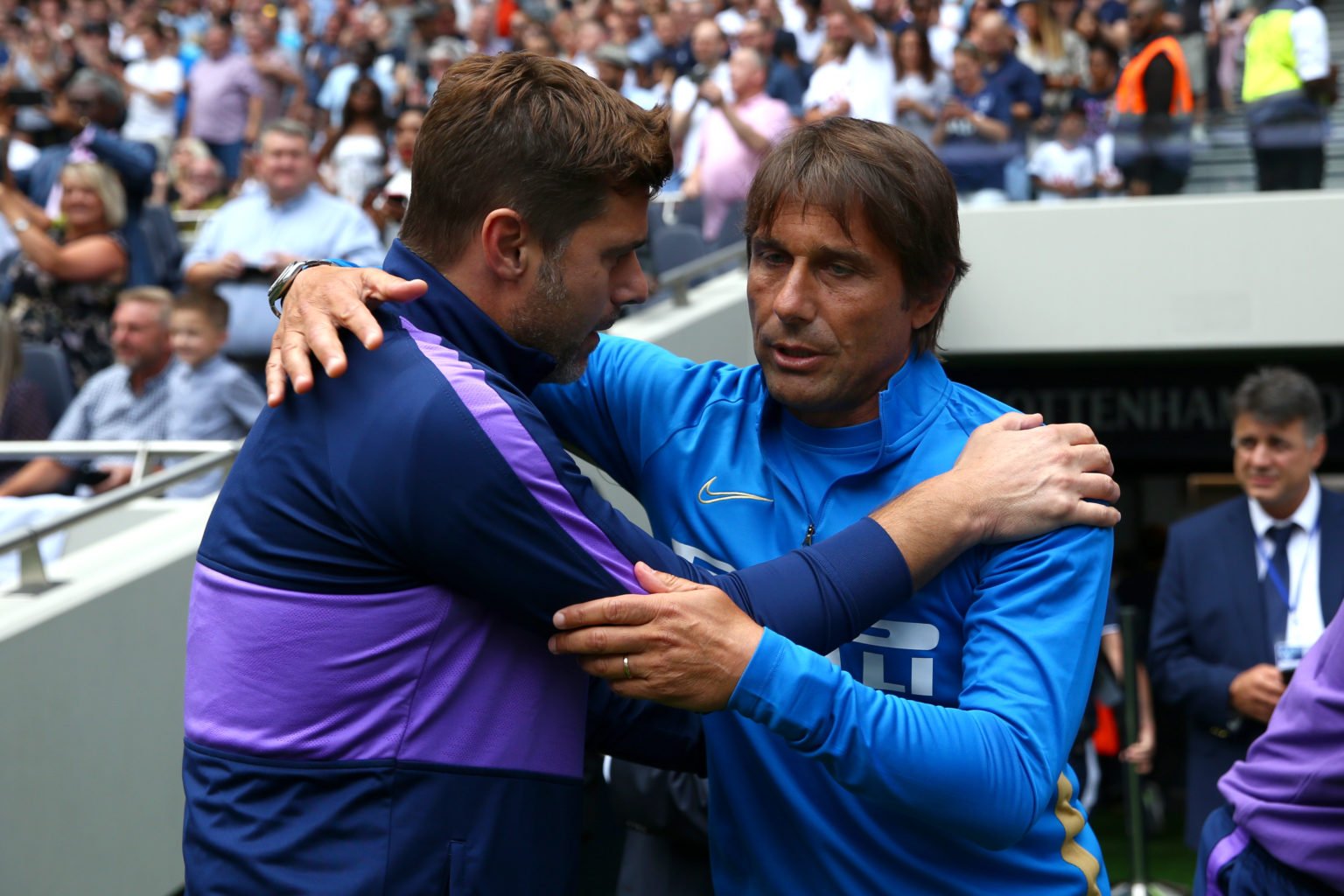 Antonio Conte of Inter Milan and Mauricio Pochettino of Spurs greet each other during the 2019 International Champions Cup match between Tottenham ...