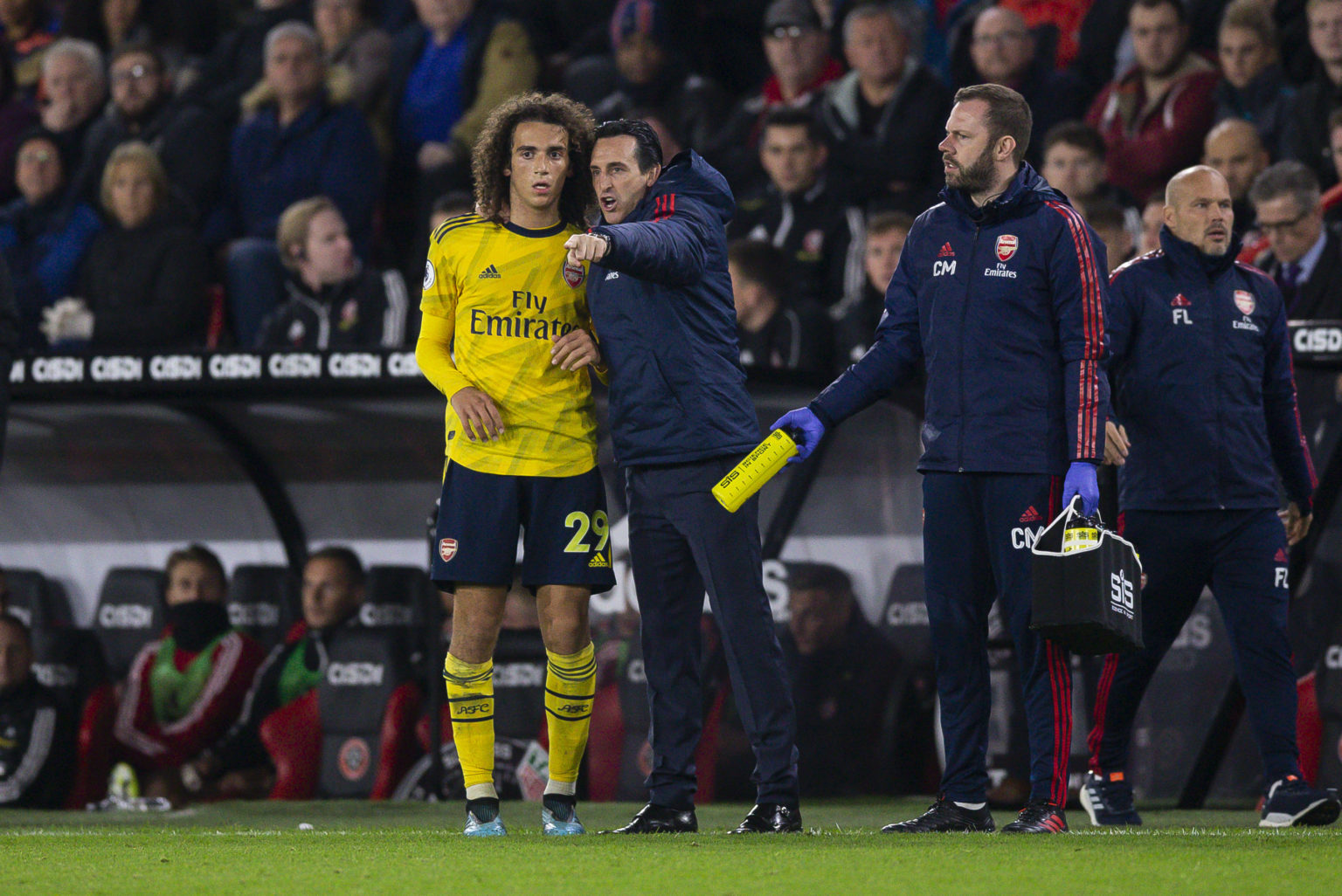 Arsenal Manager Unai Emery talks to Matteo Guendouzi of Arsenal during the Premier League match between Sheffield United and Arsenal FC at Bramall ...