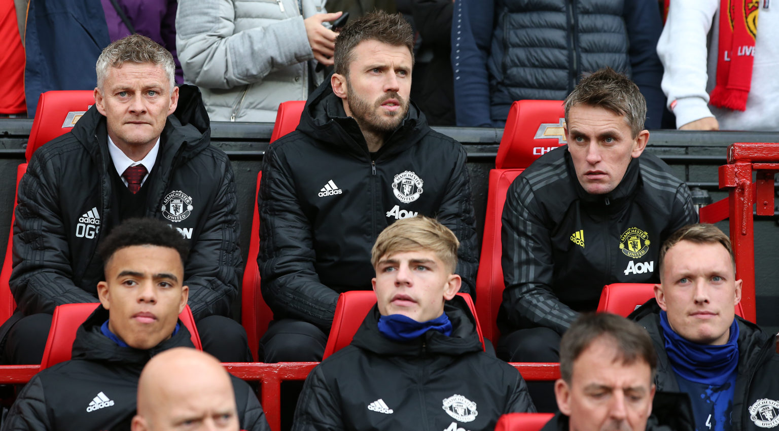 Manager Ole Gunnar Solskjaer of Manchester United watches from the bench durring the Premier League match between Manchester United and Liverool FC...