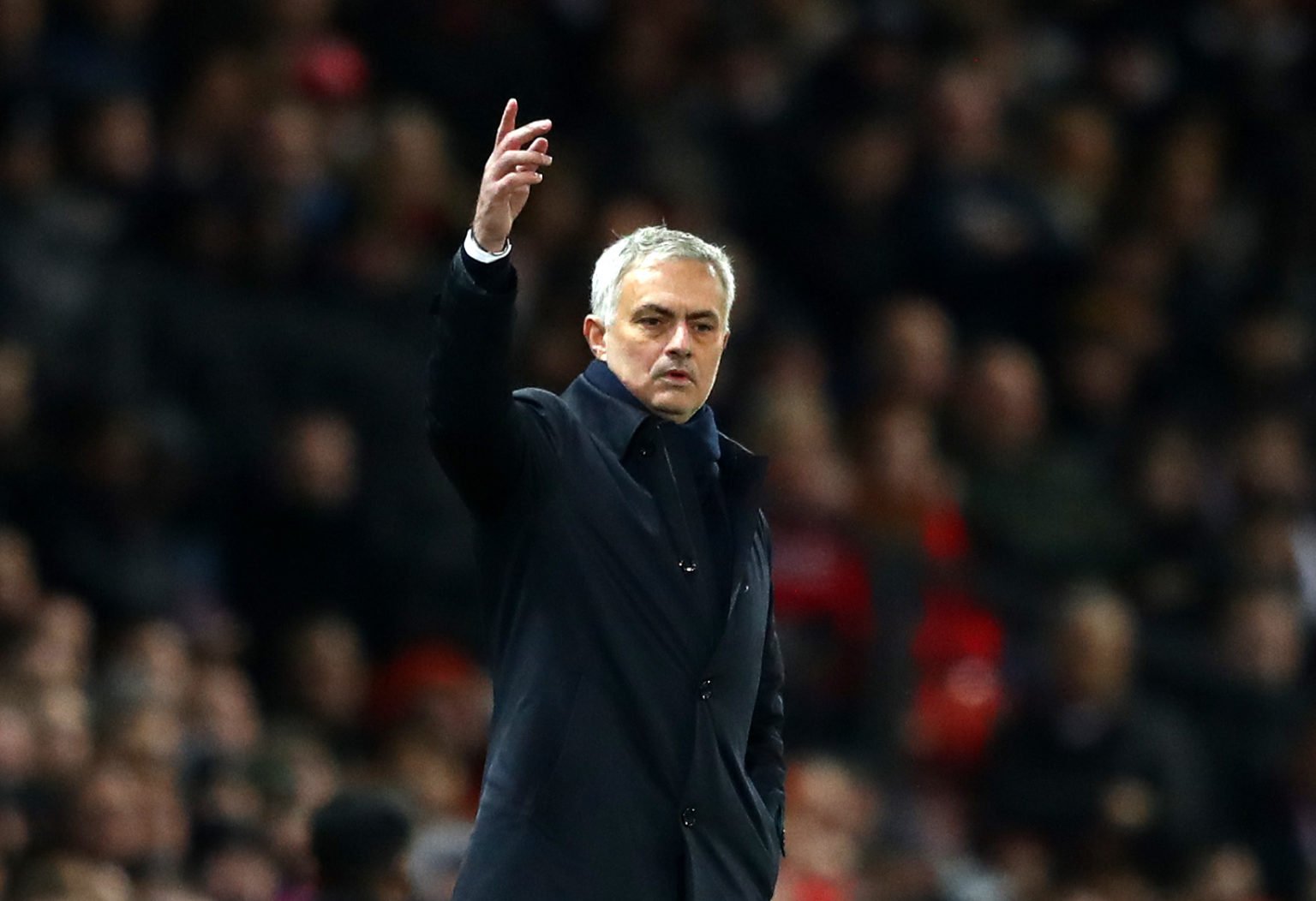 Jose Mourinho, Manager of Tottenham Hotspur reacts during the Premier League match between Manchester United and Tottenham Hotspur at Old Trafford ...