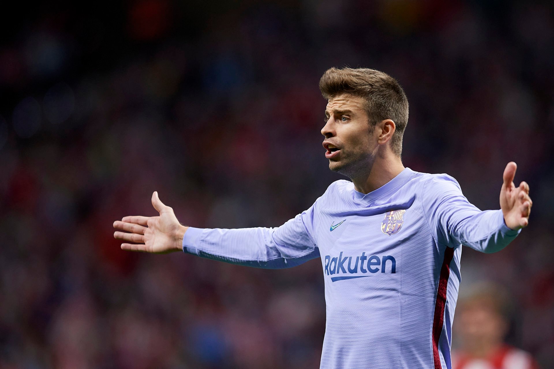 Gerard Pique of Barcelona reacts during the La Liga Santander match between Club Atletico de Madrid and FC Barcelona at Estadio Wanda Metropolitano...