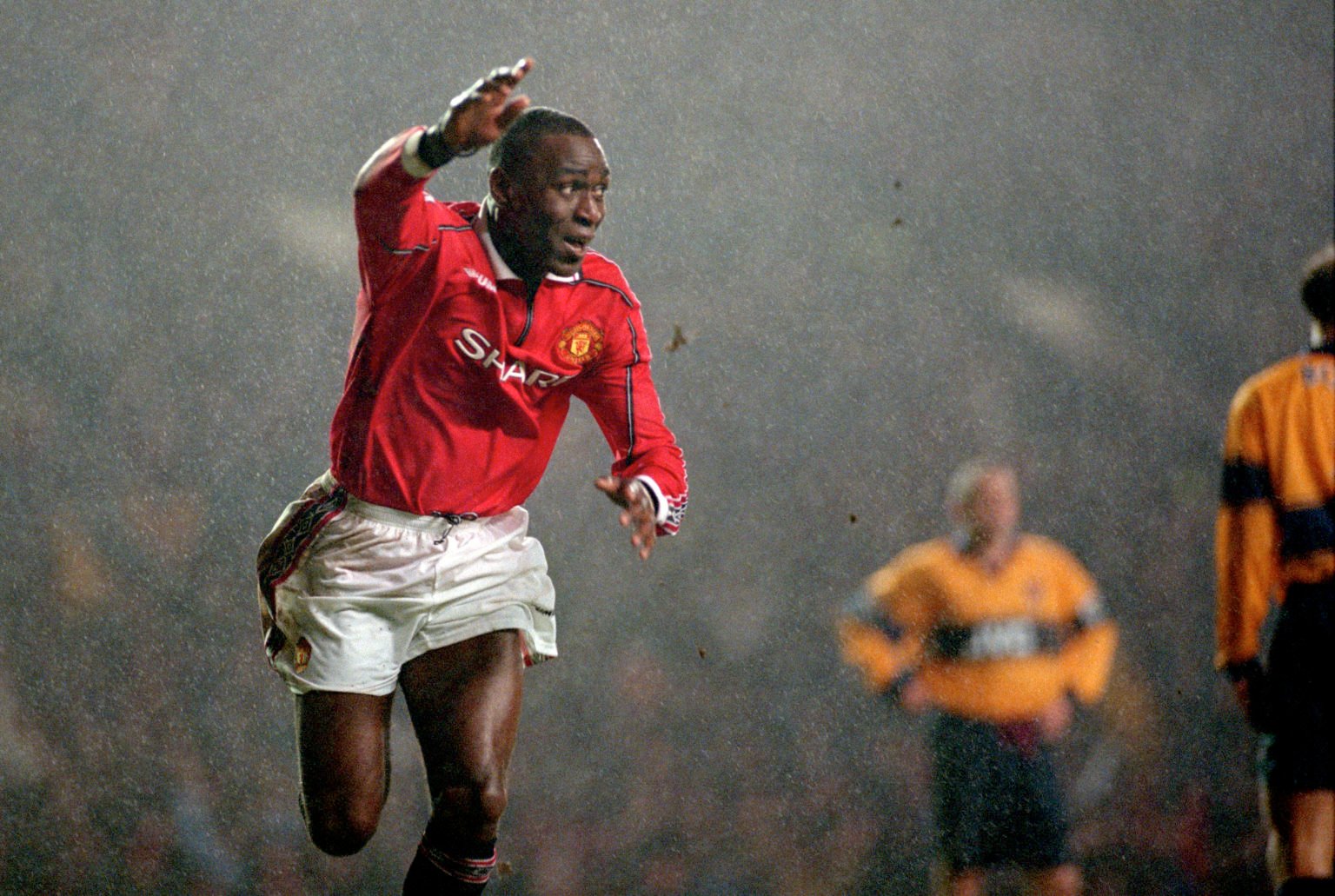 17 February 1999, Manchester - FA Carling Premiership - Manchester United v Arsenal - Andy Cole of Manchester United celebrates after scoring a goal.