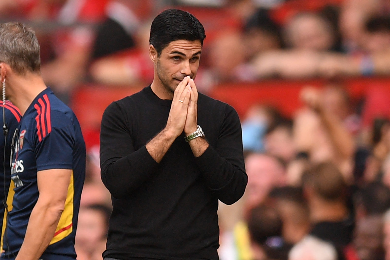 Arsenal's Spanish manager Mikel Arteta reacts after their first goal is disallowed after a VAR (Video Assistant Referee) review during the English ...