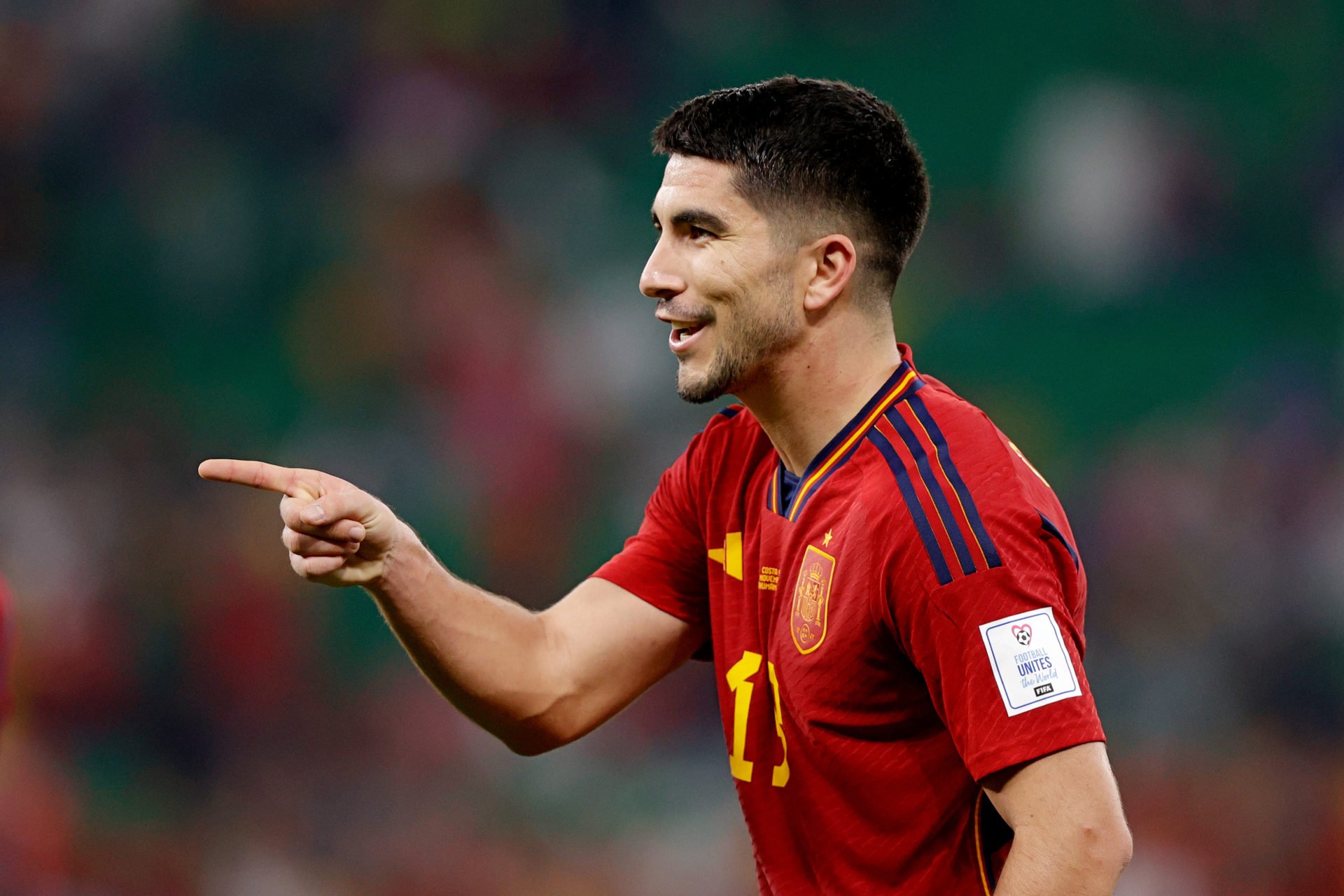 Carlos Soler of Spain celebrates 6-0 during the  World Cup match between Spain  v Costa Rica at the Al Thumama Stadium on November 23, 2022 in Doha...