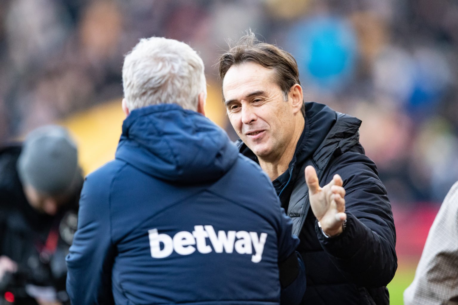 Julen Lopetegui, manager of Wolves (R) and David Moyes manager of West Ham before the Premier League match between Wolverhampton Wanderers and West...