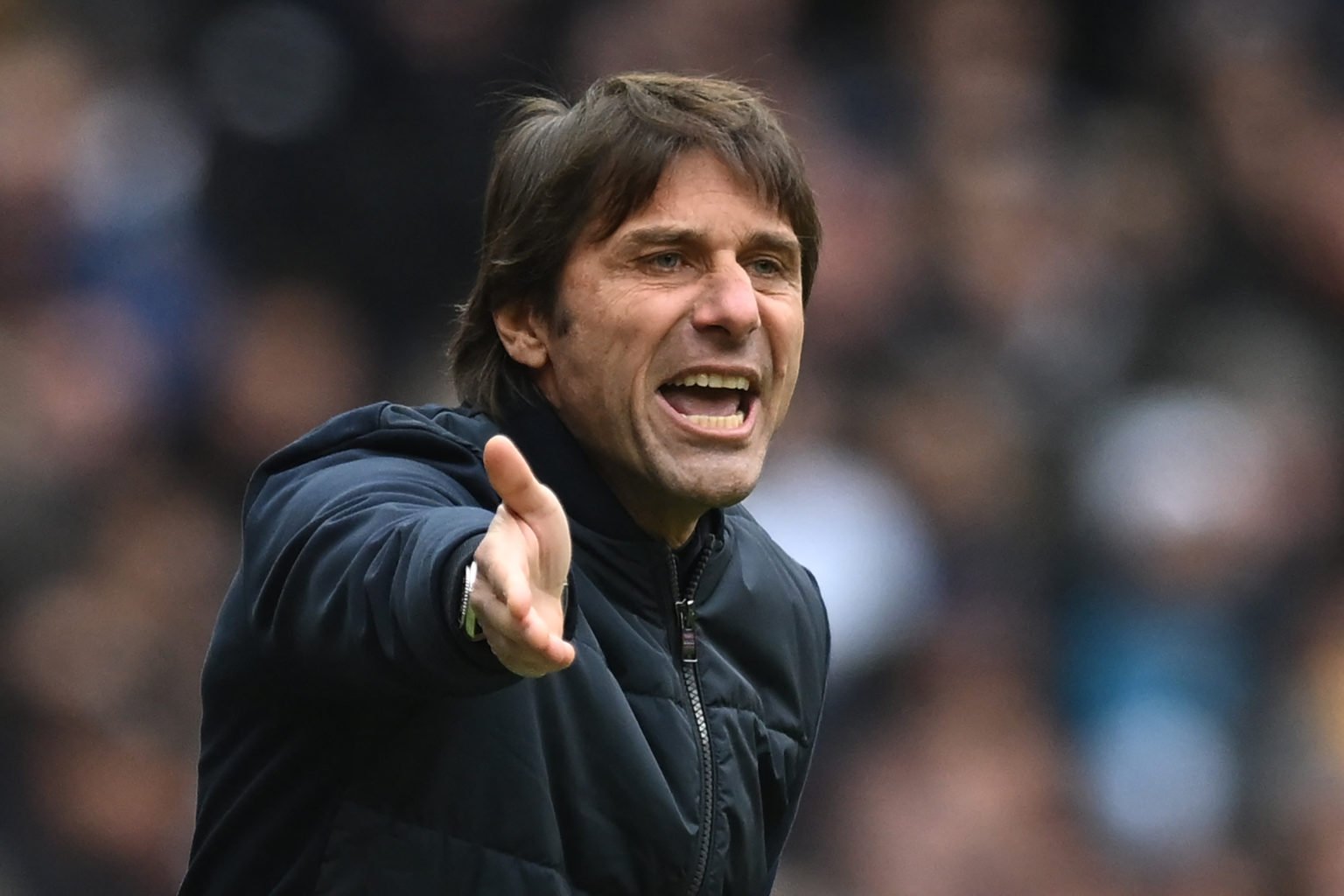 Tottenham Hotspur's Italian head coach Antonio Conte gestures on the touchline during the English Premier League football match between Tottenham H...