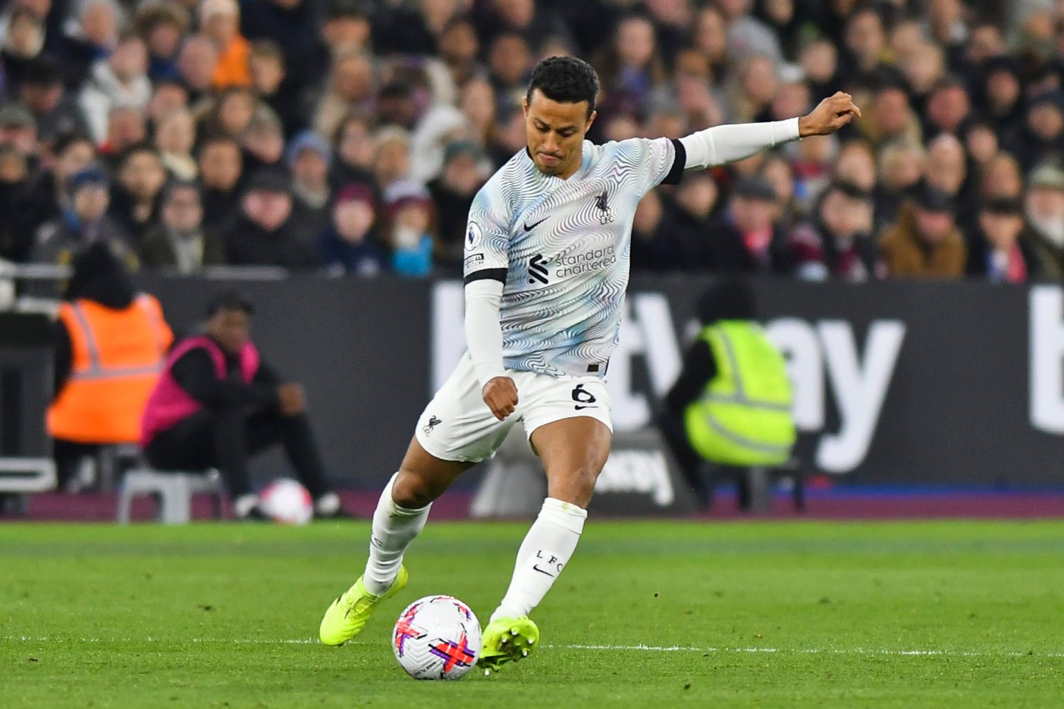 Thiago Alcantara of Liverpool in action during the Premier League match between West Ham United and Liverpool at the London Stadium, Stratford on W...