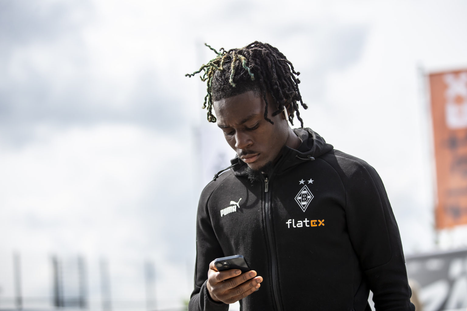 Manu Kone of Borussia Moenchengladbach arrives at the stadium ahead of the Bundesliga match between Borussia Moenchengladbach and VfL Bochum 1848 a...