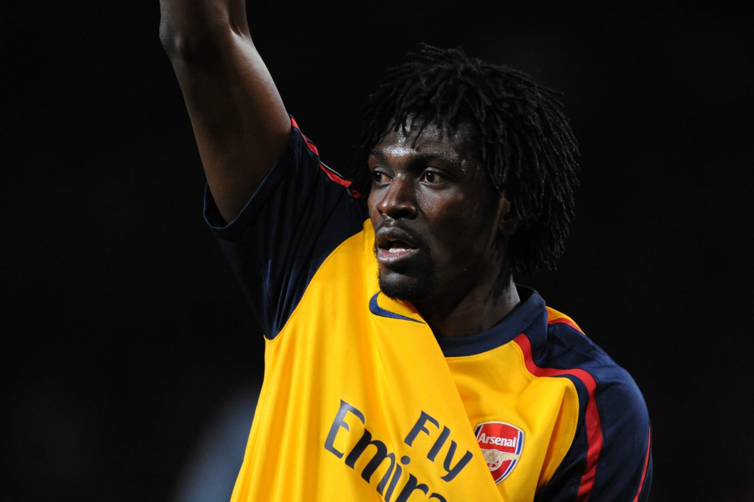 Emmanuel Adebayor of Arsenal in action during the UEFA Champions League semi final first leg match between Manchester United and Arsenal at Old Tra...