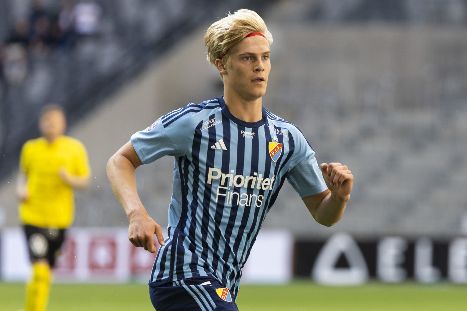 Djurgarden's Lucas Bergvall during an Allsvenskan match between Djurgardens IF and Mjallby AIF at Tele2 Arena on May 21, 2023 in Stockholm, Sweden.