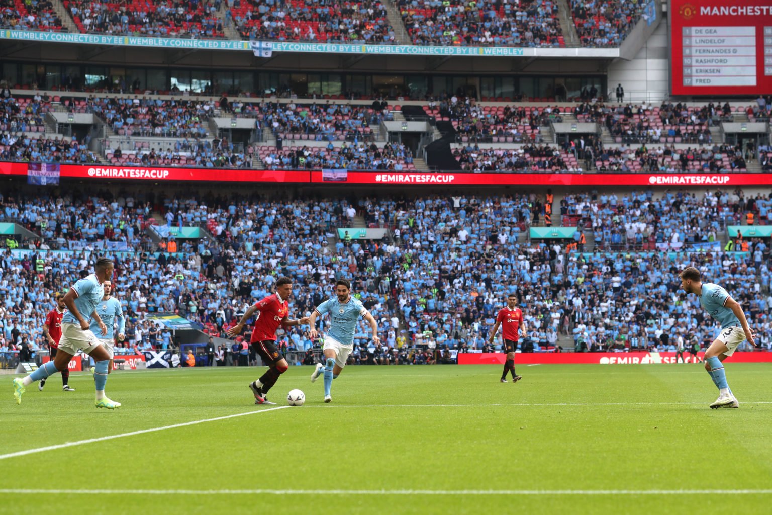 a general view of the stadium as Jadon Sancho of Manchester United runs with the ball during the Emirates FA Cup Final between Manchester City and ...