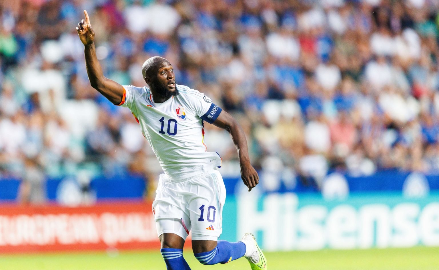 Belgium's forward Romelu Lukaku reacts during the UEFA Euro 2024 group F qualification football match between Estonia and Belgium in Tallinn on Jun...