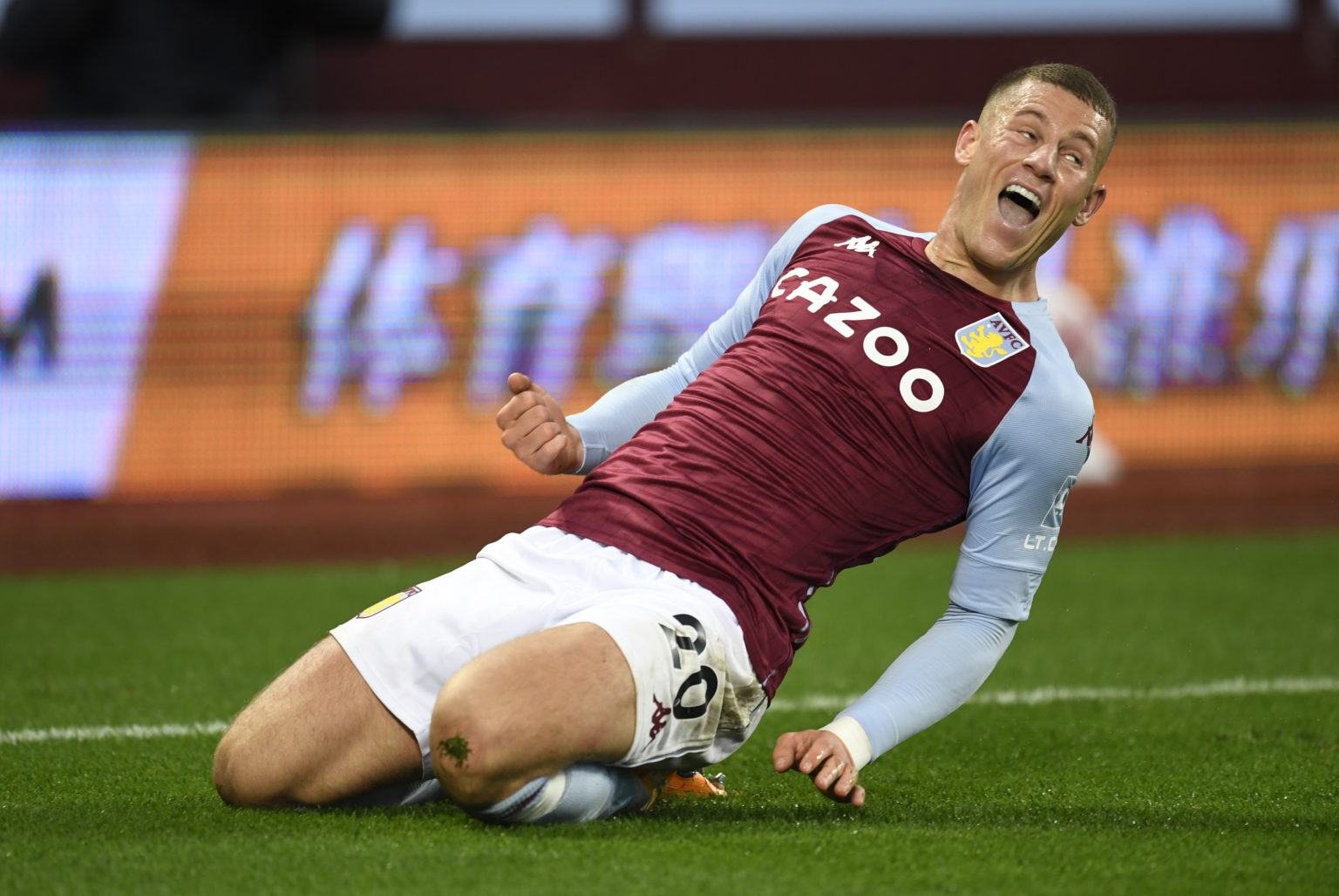 Ross Barkley of Aston Villa  celebrates after he scores his team's fifth goal  during the Premier League match between Aston Villa and Liverpool at...