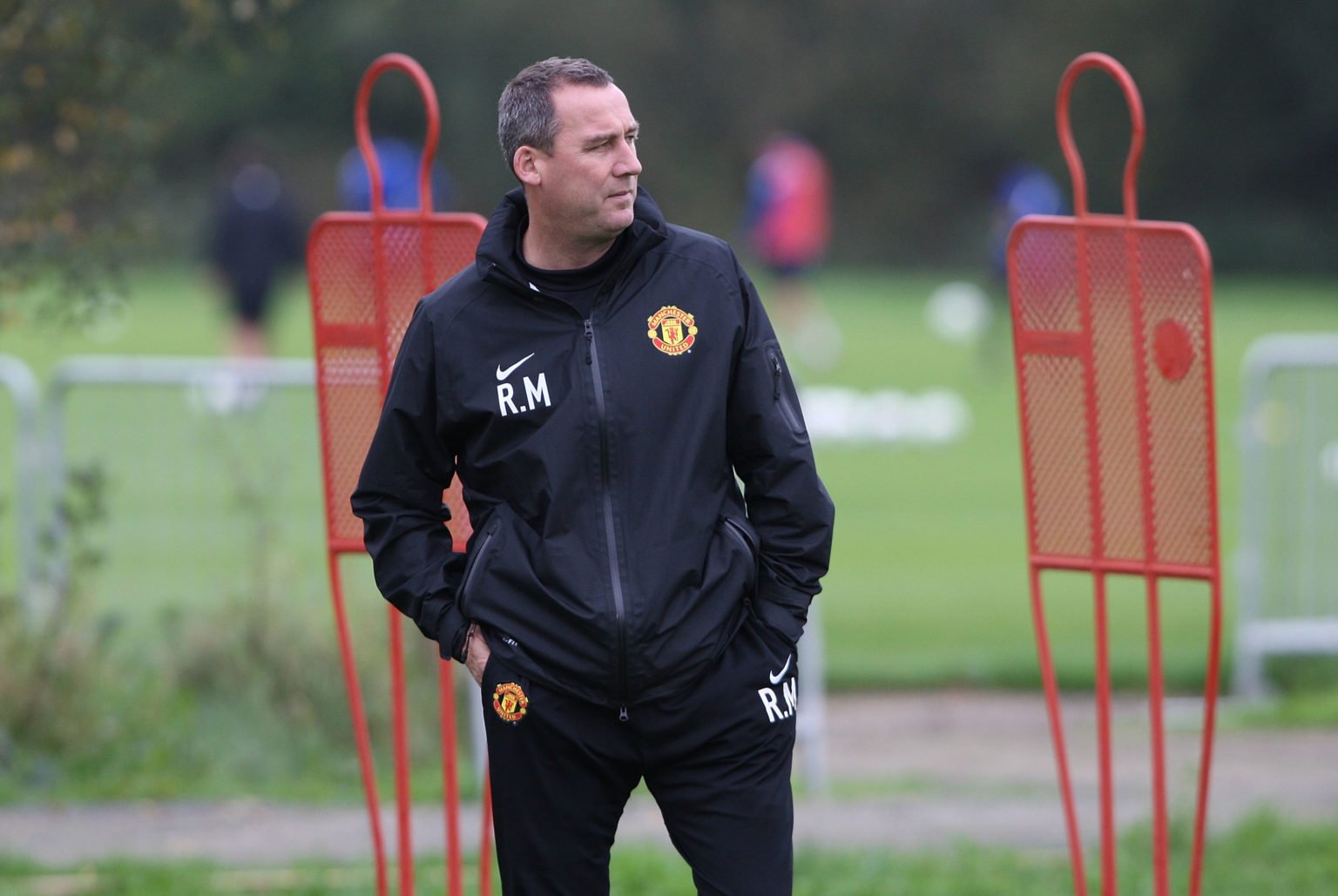 First Team Coach Rene Meulensteen of Manchester United in action during a first team training session at Carrington Training Ground on October 14, ...