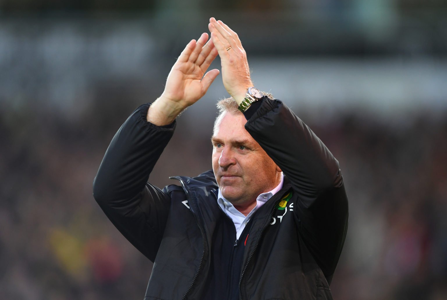 Dean Smith, Manager of Norwich City acknowledges the fans prior to the Premier League match between Norwich City and Southampton at Carrow Road on ...