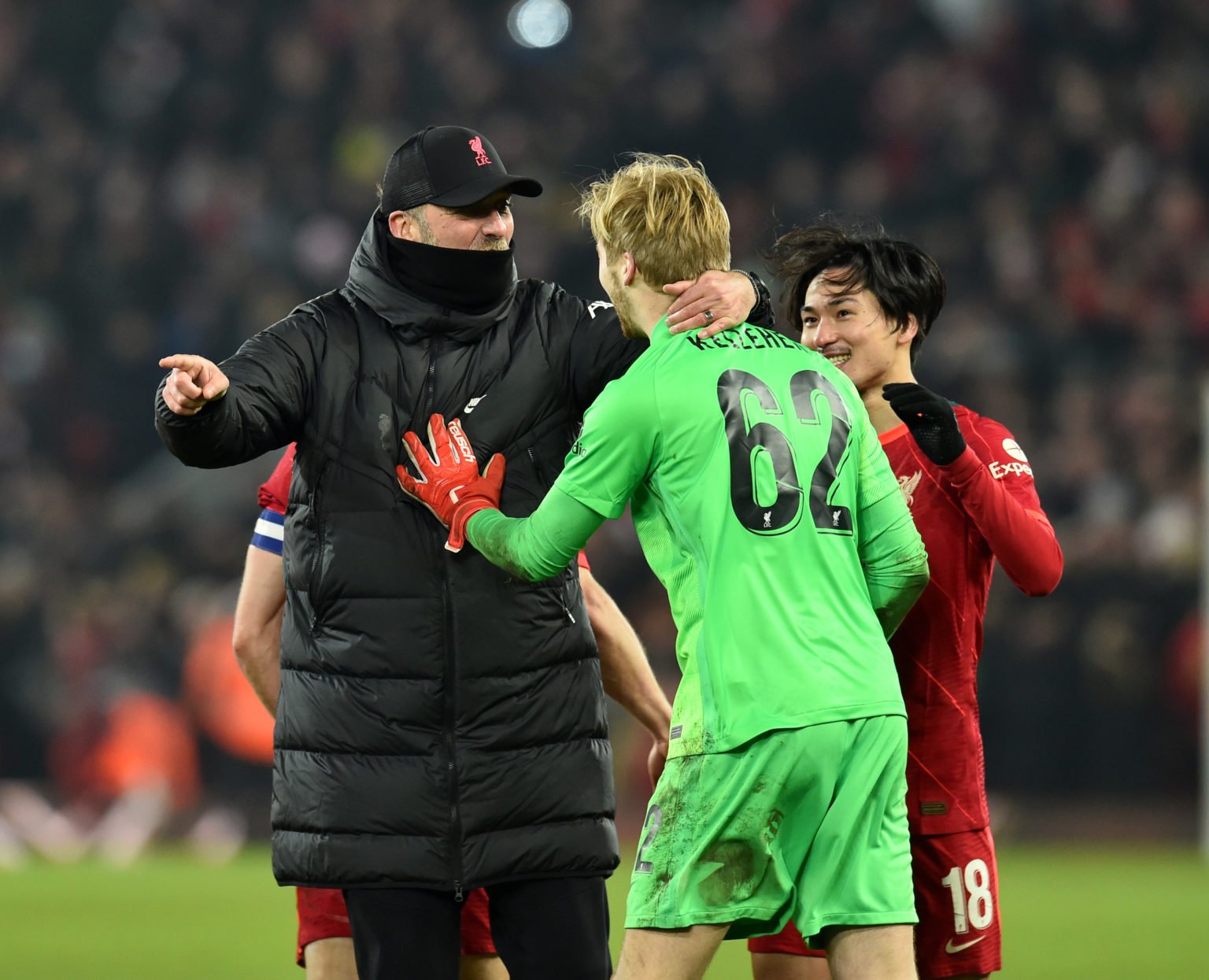 (THE SUN OUT, THE SUN ON SUNDAY OUT) Jurgen Klopp manager of Liverpool with Caoimhin Kelleher of Liverpool at the end of the Carabao Cup Quarter Fi...