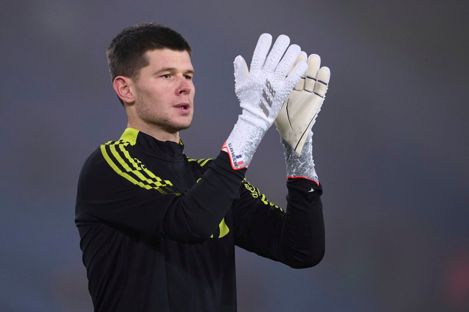 Illan Meslier of Leeds United warm up prior the Premier League match between Leeds United and Arsenal at Elland Road on December 18, 2021 in Leeds,...