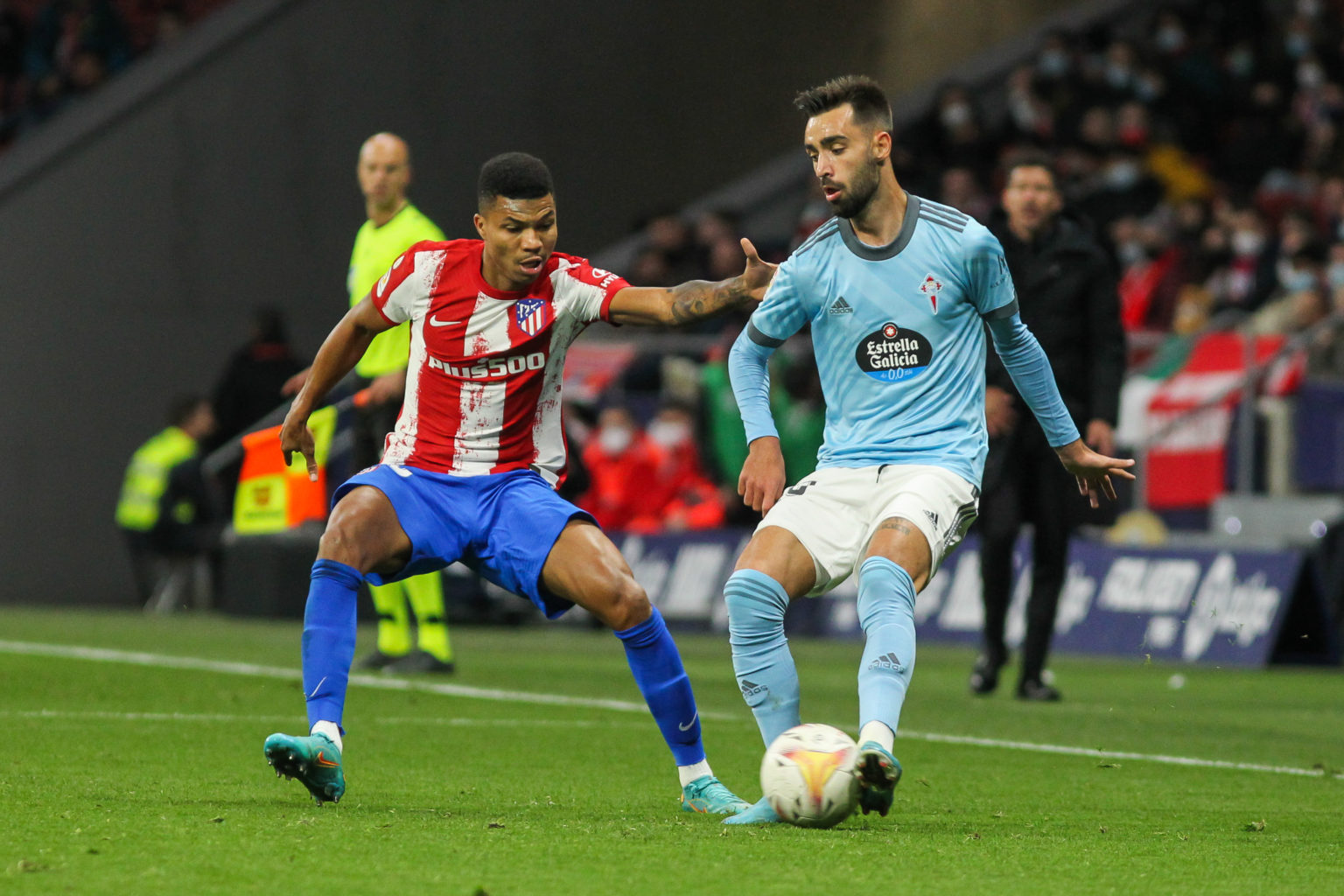 Reinaldo Mandava of Atletico de Madrid and Brais Mendez of Celta de Vigo in action during the Spanish League, La Liga Santander, football match pla...