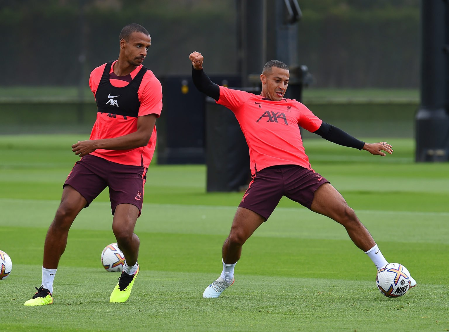 (THE SUN OUT. THE SUN ON SUNDAY OUT) Thiago Alcantara of Liverpool with Joel Matip of Liverpool during a training session at AXA Training Centre on...