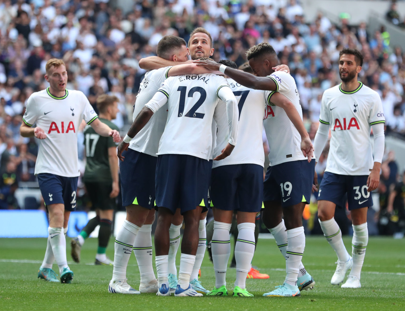 Emerson of Tottenham Hotspur celebrates scoring their side's third goal with teammates during the Premier League match between Tottenham Hotspur an...