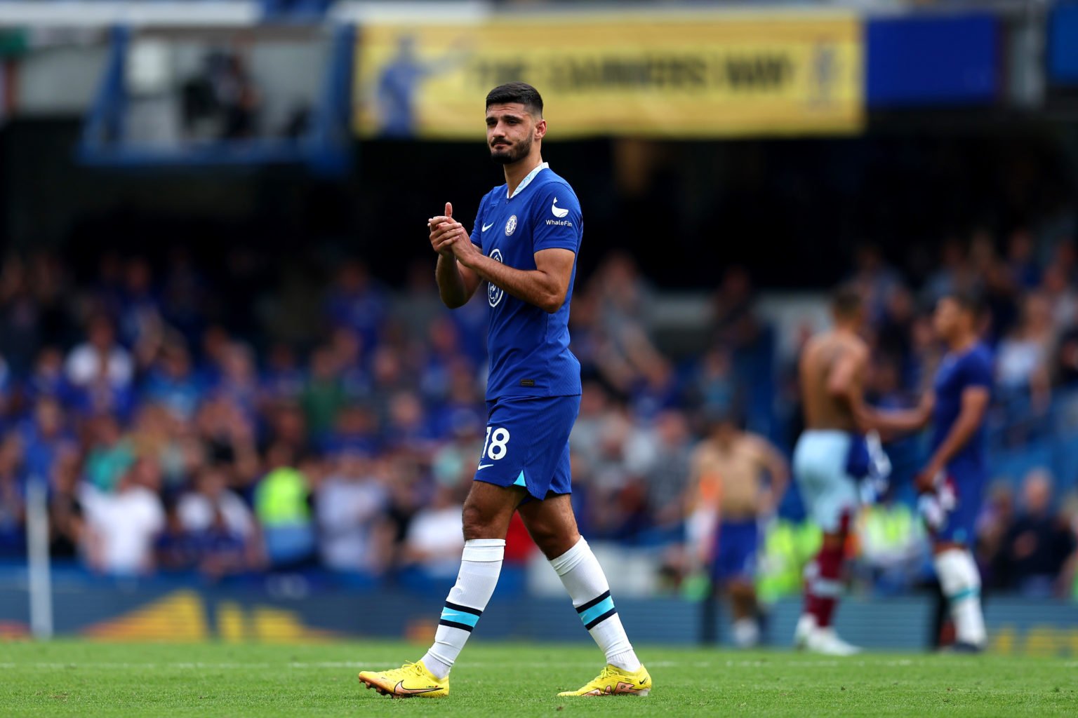 Armando Broja of Chelsea applauds the fans after their sides victory during the Premier League match between Chelsea FC and West Ham United at Stam...