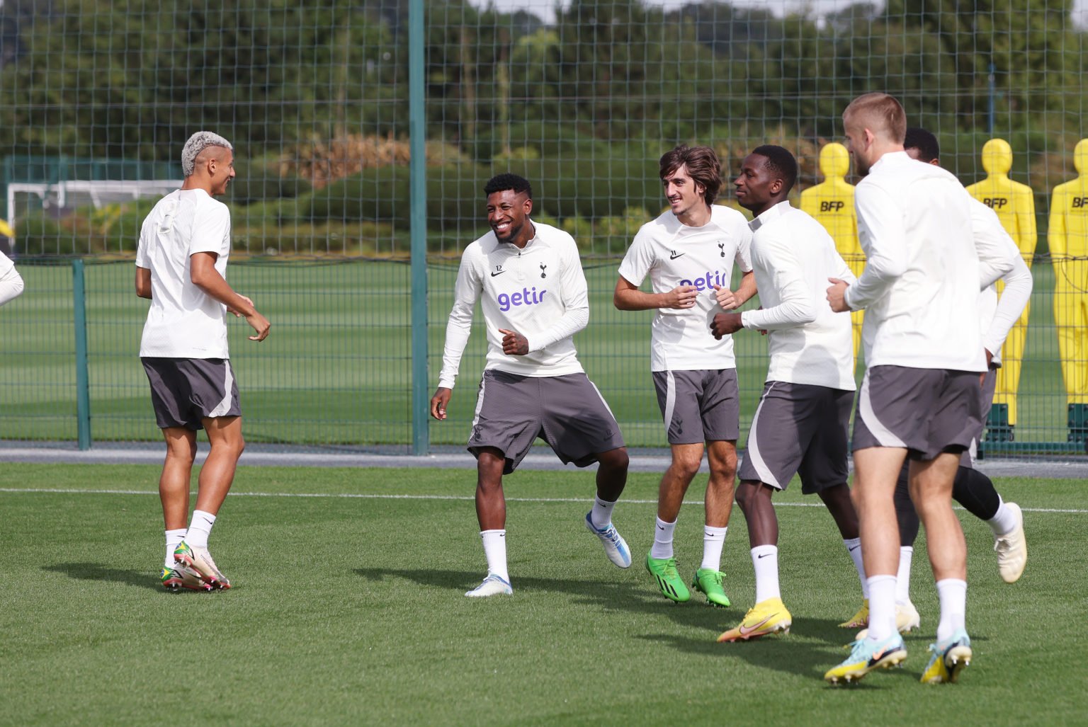 Richarlison, Emerson Royal, Bryan Gil and Pape Matar Sarr of Tottenham Hotspur during the Tottenham Hotspur training session ahead of their UEFA Ch...