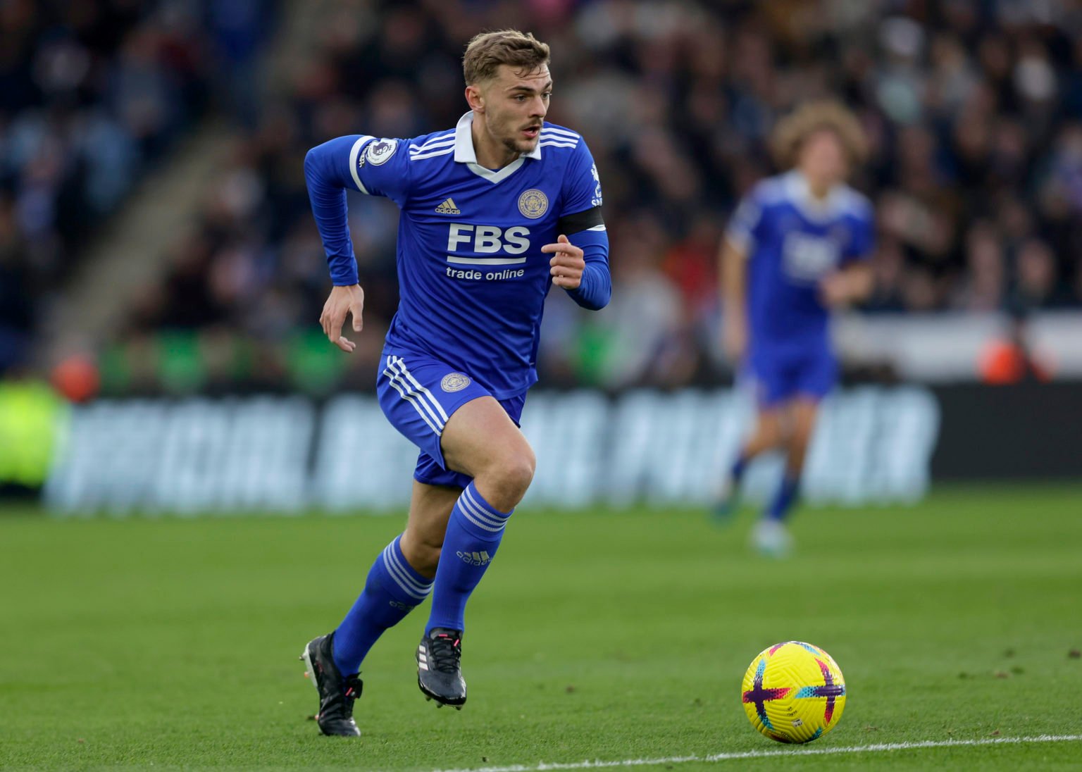 Kiernan Dewsbury-Hall of Leicester City runs with the ball during the Premier League match between Leicester City and Tottenham Hotspur at The King...