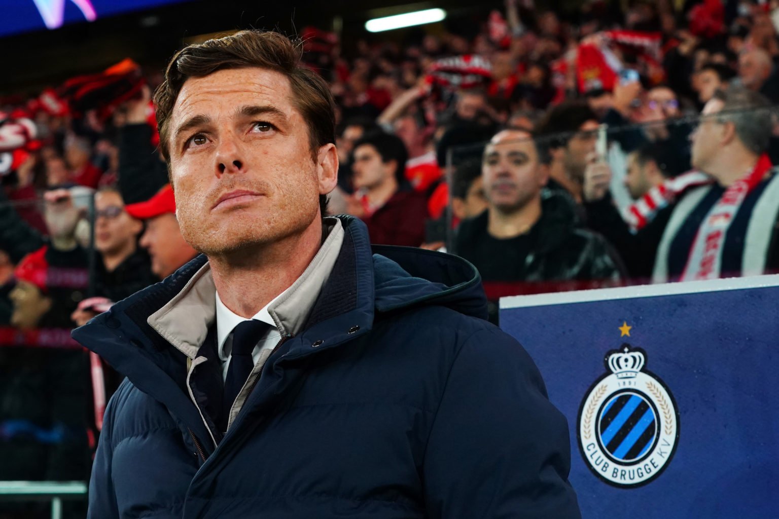 Scott Parker, Head Coach of Club Brugge KV, looks on prior to the UEFA Champions League round of 16 leg two match between SL Benfica and Club Brugg...