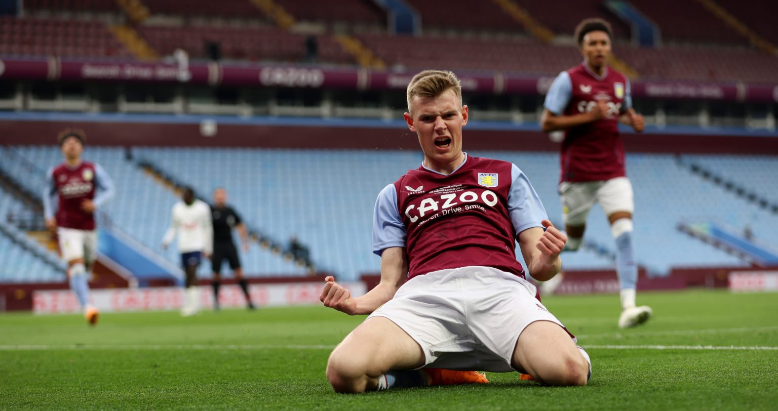 Rory Wilson of Aston Villa scores for Aston Villa during the U18 Premier League Cup Final between Aston Villa and Tottenham Hotspur at Villa Park o...