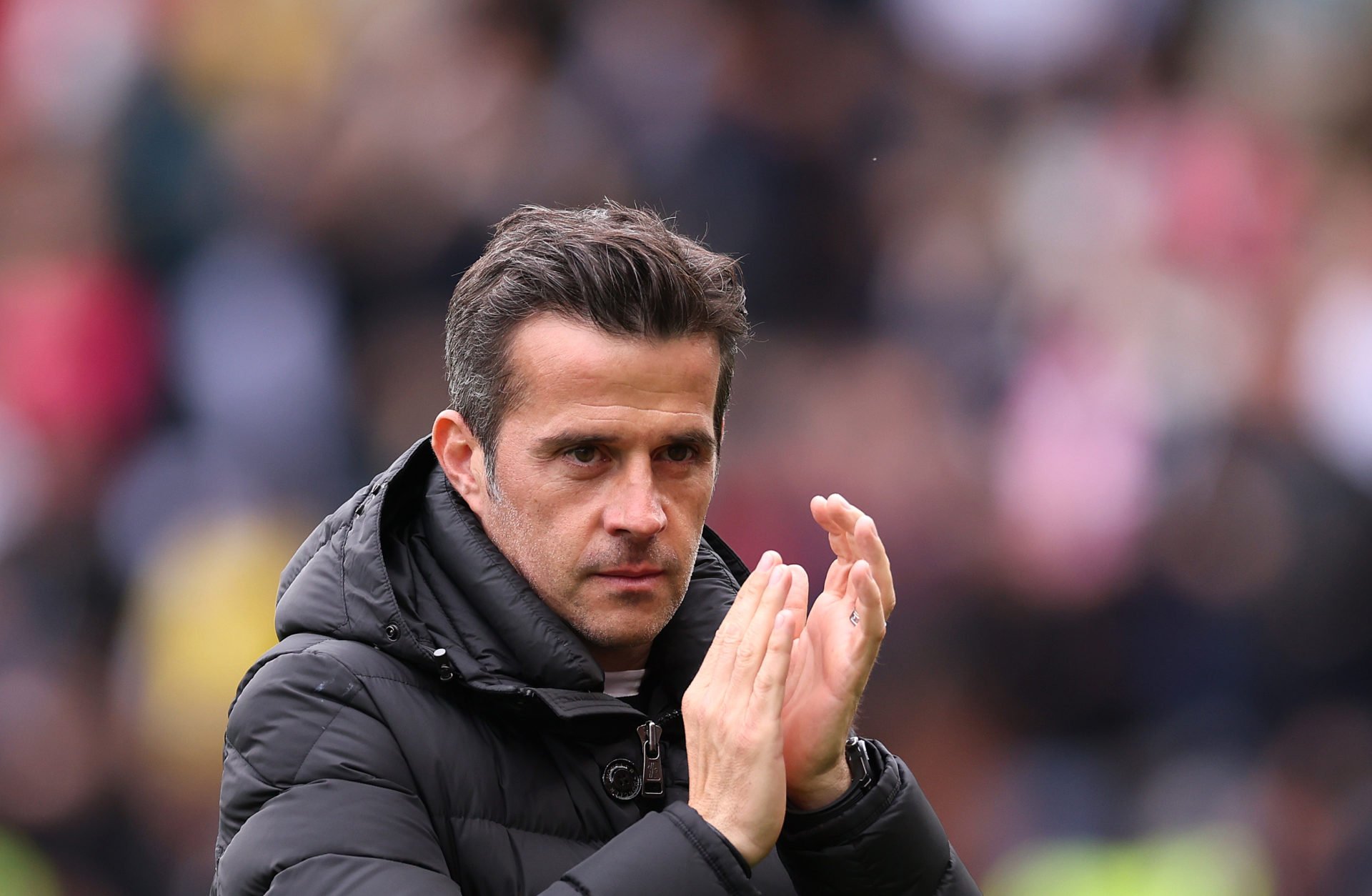 Marco Silva, Manager of Fulham, applauds the fans prior to the Premier League match between Fulham FC and Leicester City at Craven Cottage on May 0...