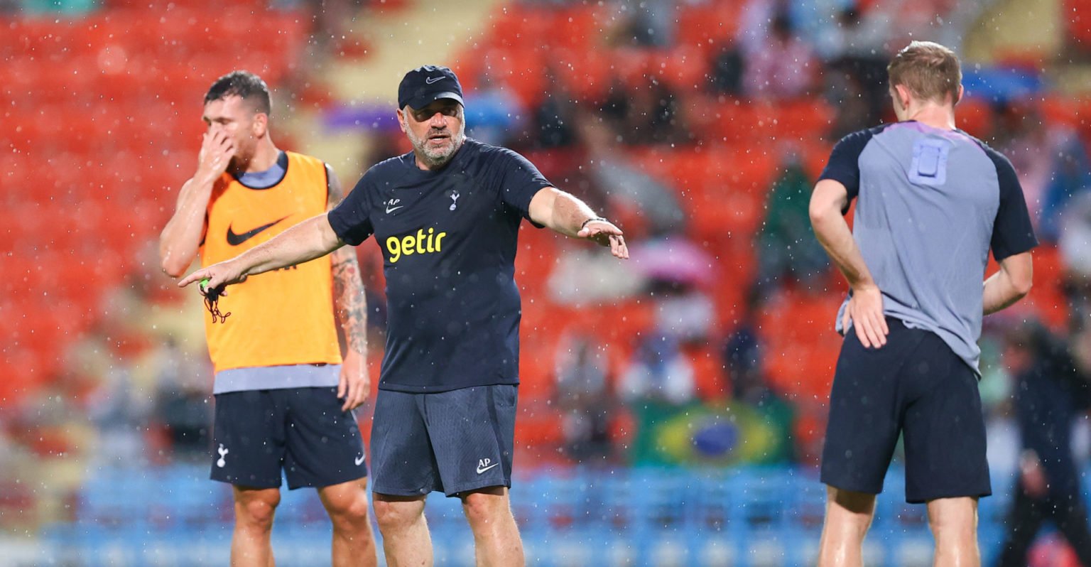 Tottenham Hotspur head coach, Ange Postecoglou (R) gives instruction ahead of the pre-season friendly match between Tottenham Hotspur and Leicester...