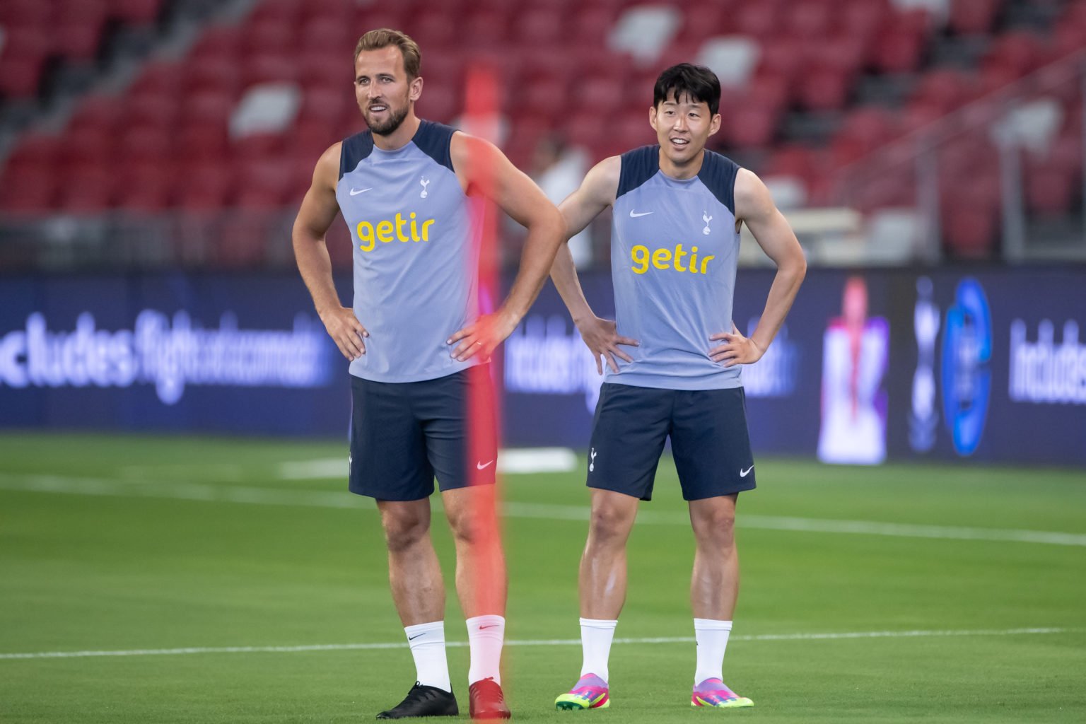 Harry Kane and Son Heung-Min of Tottenham Hotspur take part in drills during an open training session at the National Stadium on July 25, 2023 in S...