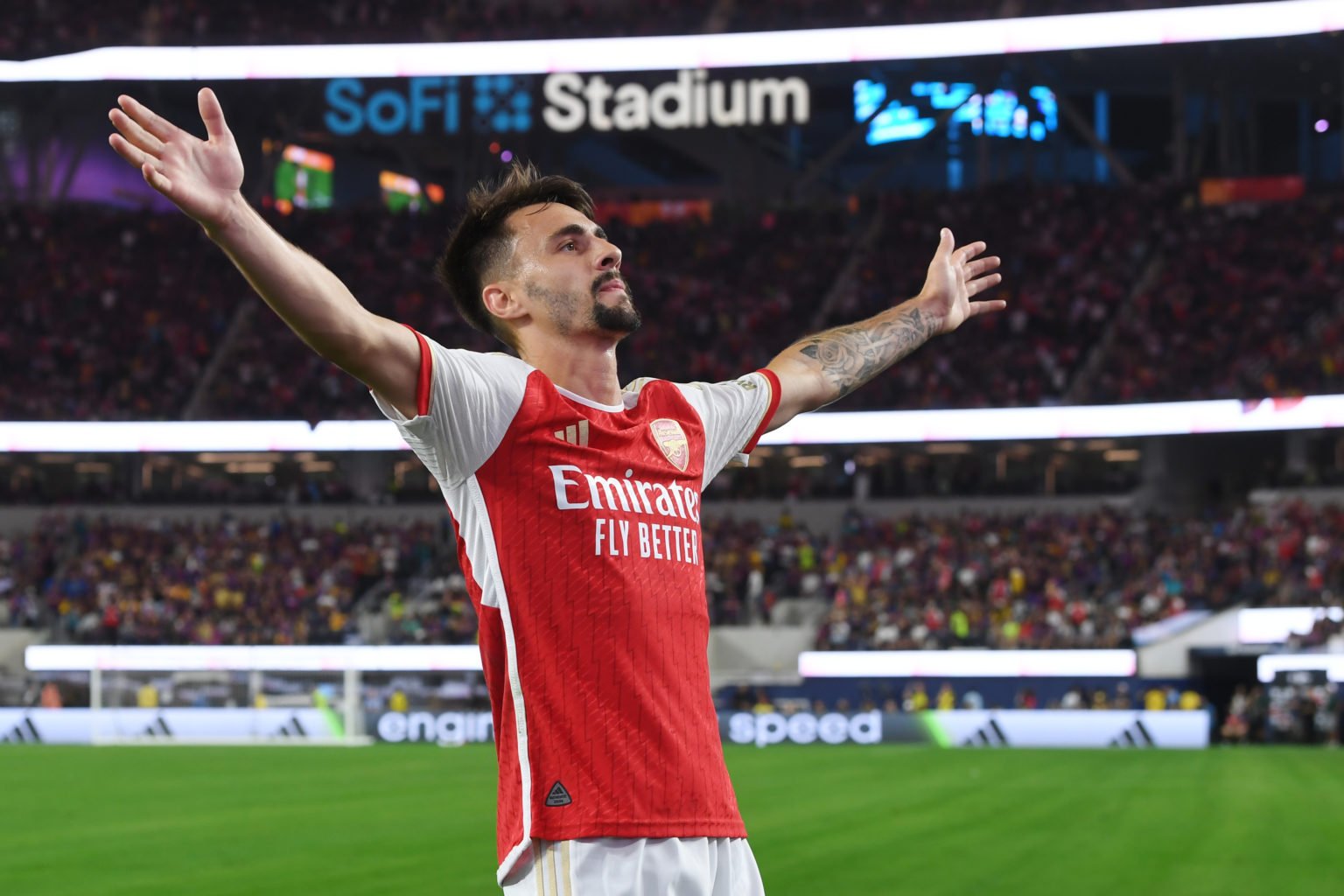 Fabio Vieira of Arsenal celebrates after scoring the team's fifth goal during the Pre-Season Friendly match between Arsenal and FC Barcelona at SoF...