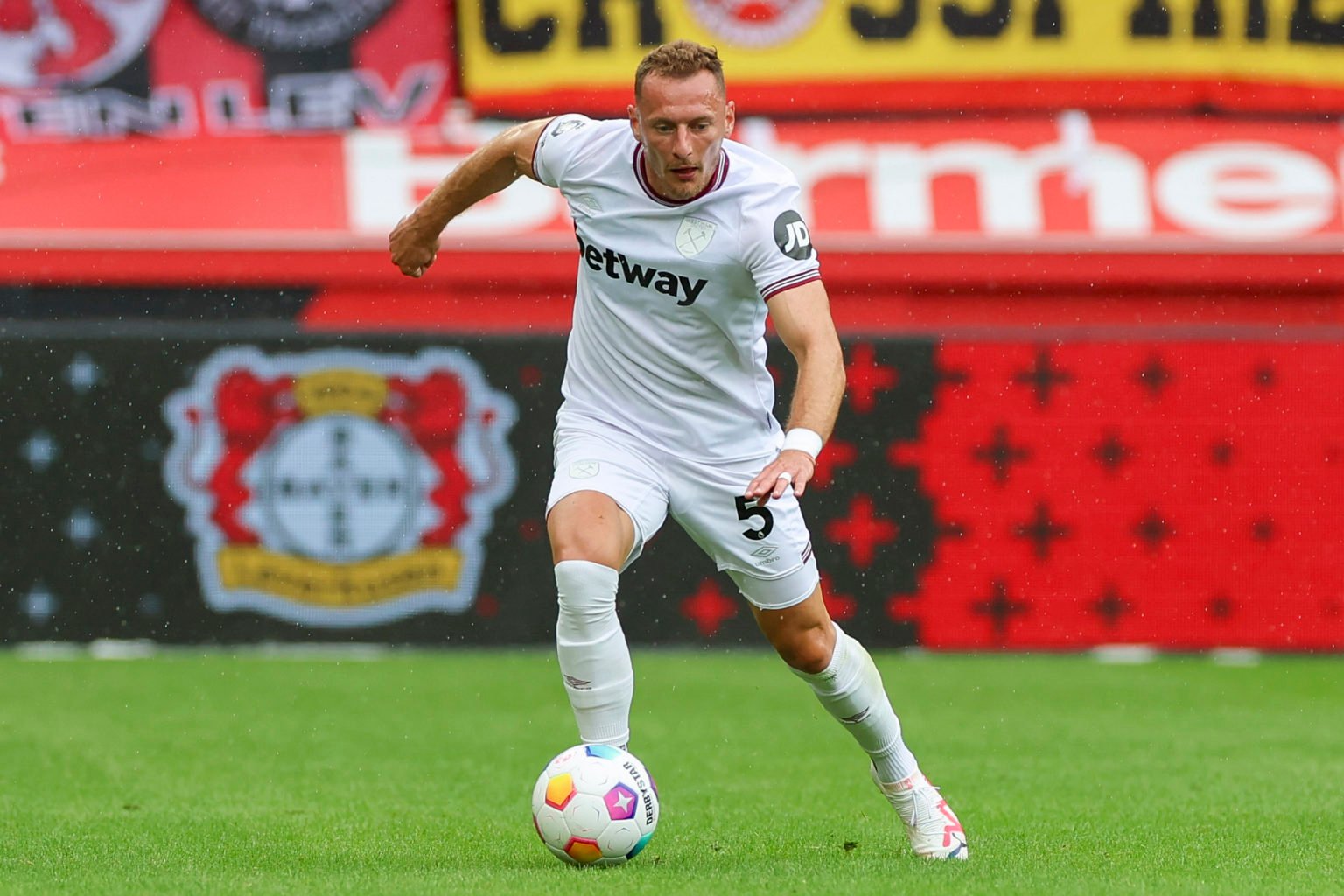 Vladimir Coufal of West Ham United controls the ball during the pre-season friendly match between Bayer 04 Leverkusen and West Ham United at BayAre...