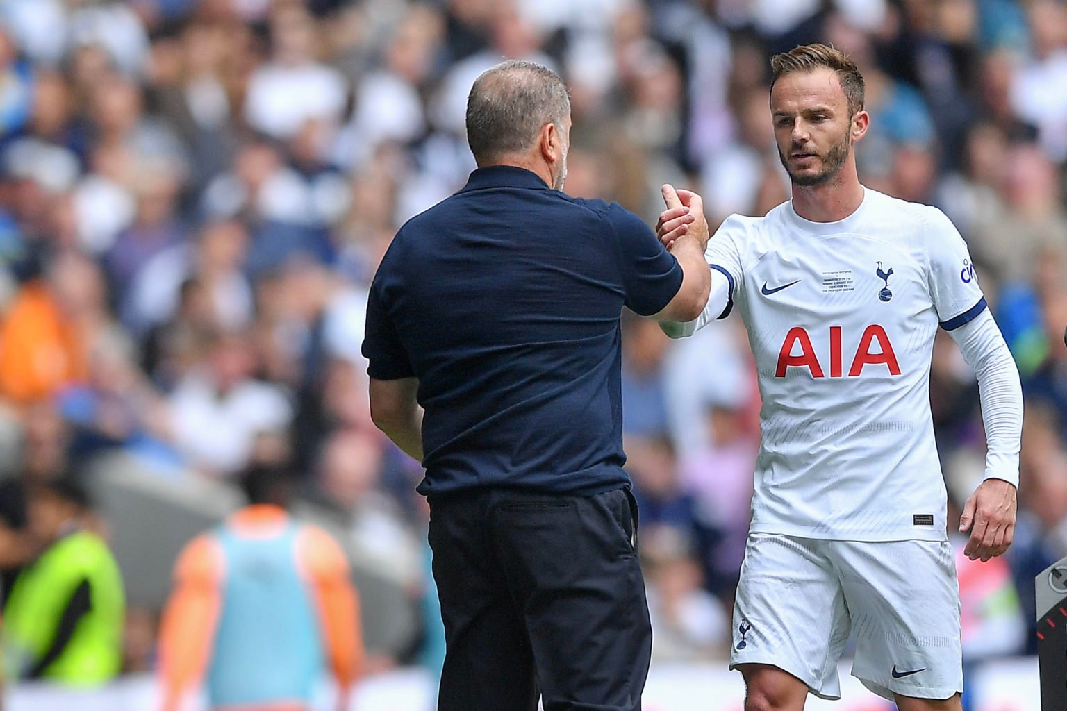 James Maddison of Tottenham Hotspur and Ange Postecoglou of Tottenham Hotspur during the pre-season friendly match between Tottenham Hotspur and Sh...