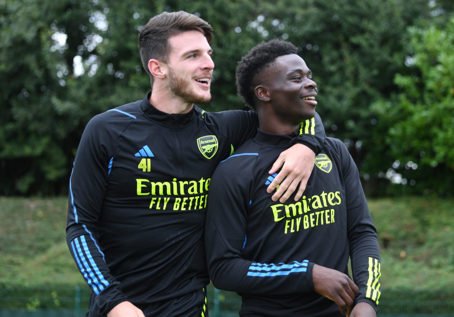 (L-R) Declan Rice and Bukayo Saka of Arsenal during a training session at London Colney on August 01, 2023 in St Albans, England.