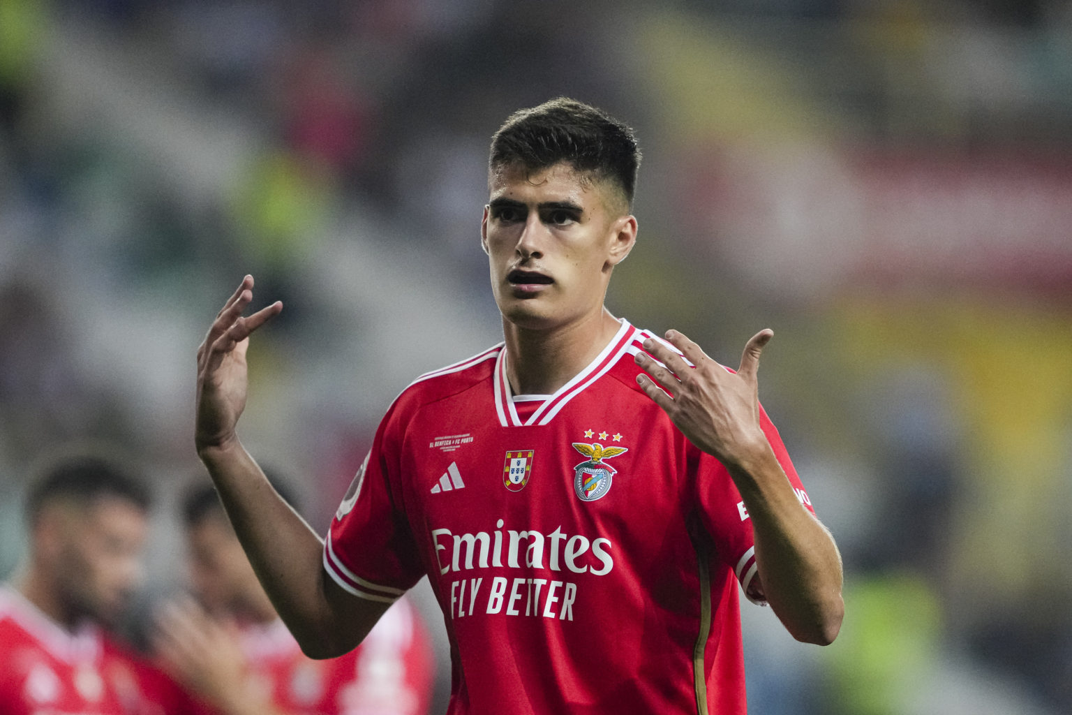 António Silva of Benfica gestures during Supercopa de Portugal match between SL Benfica and FC Porto at Estadio Municipal de Aveiro on August 9, 20...