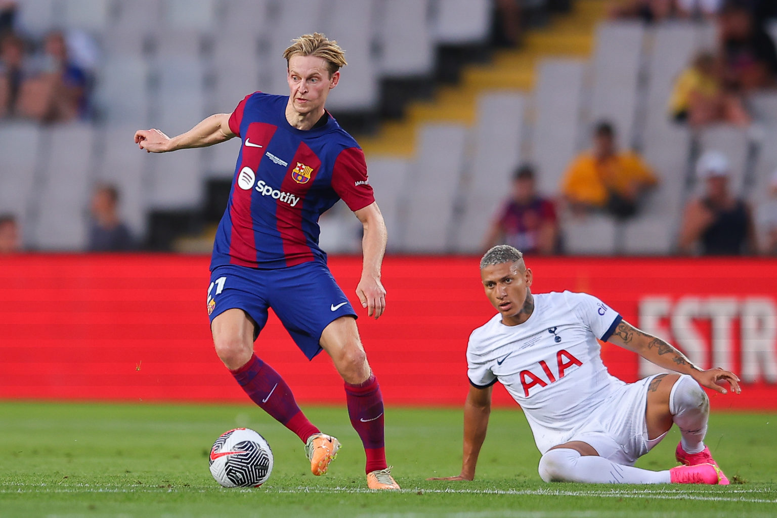 Frenkie De Jong of FC Barcelona run with the ball during the Joan Gamper Trophy match between FC Barcelona and Tottenham Hotspur at Estadi Olimpic ...