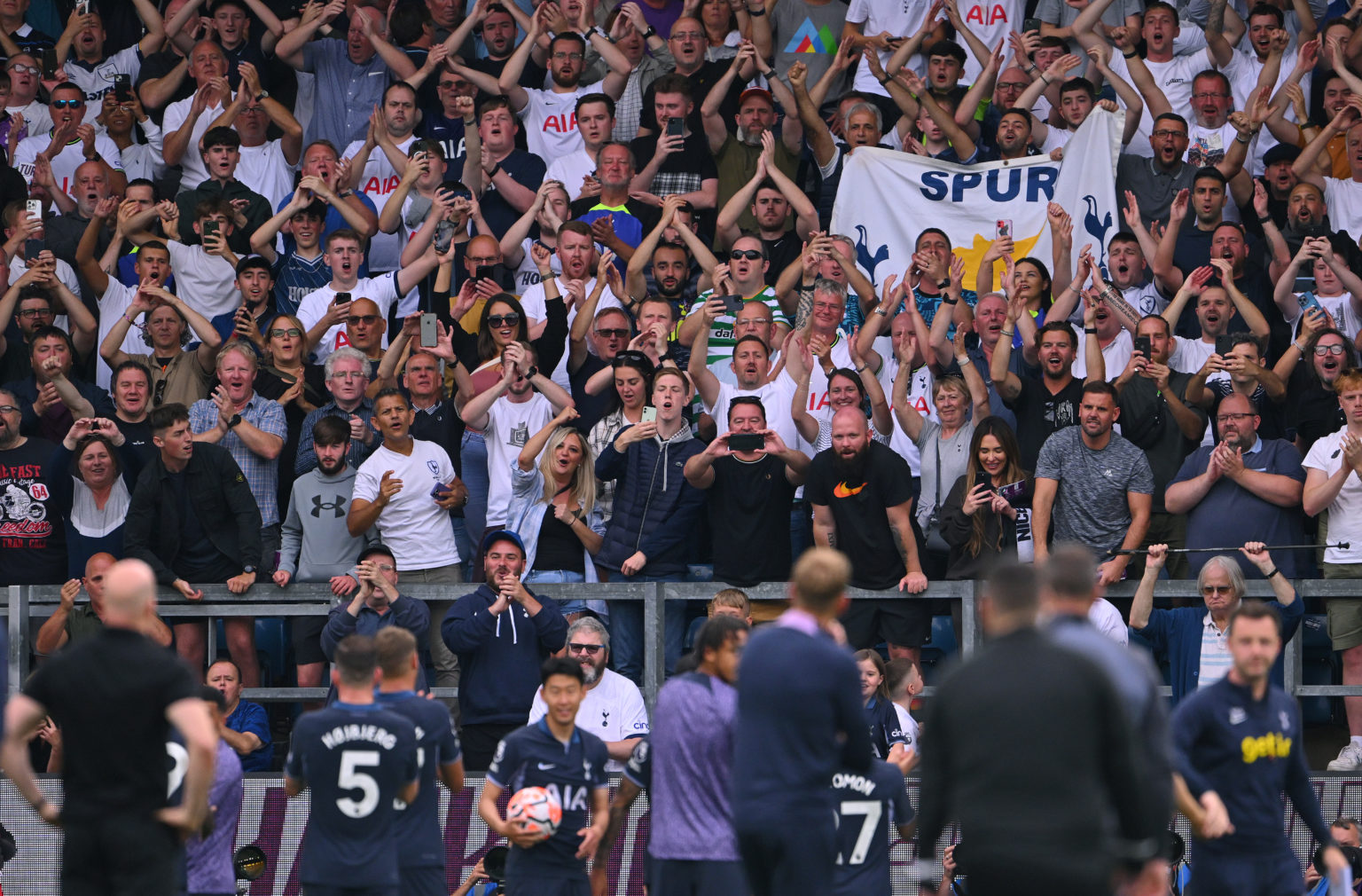 Spurs fans applaud Heung-Min Son after the Premier League match between Burnley FC and Tottenham Hotspur at Turf Moor on September 02, 2023 in Burn...