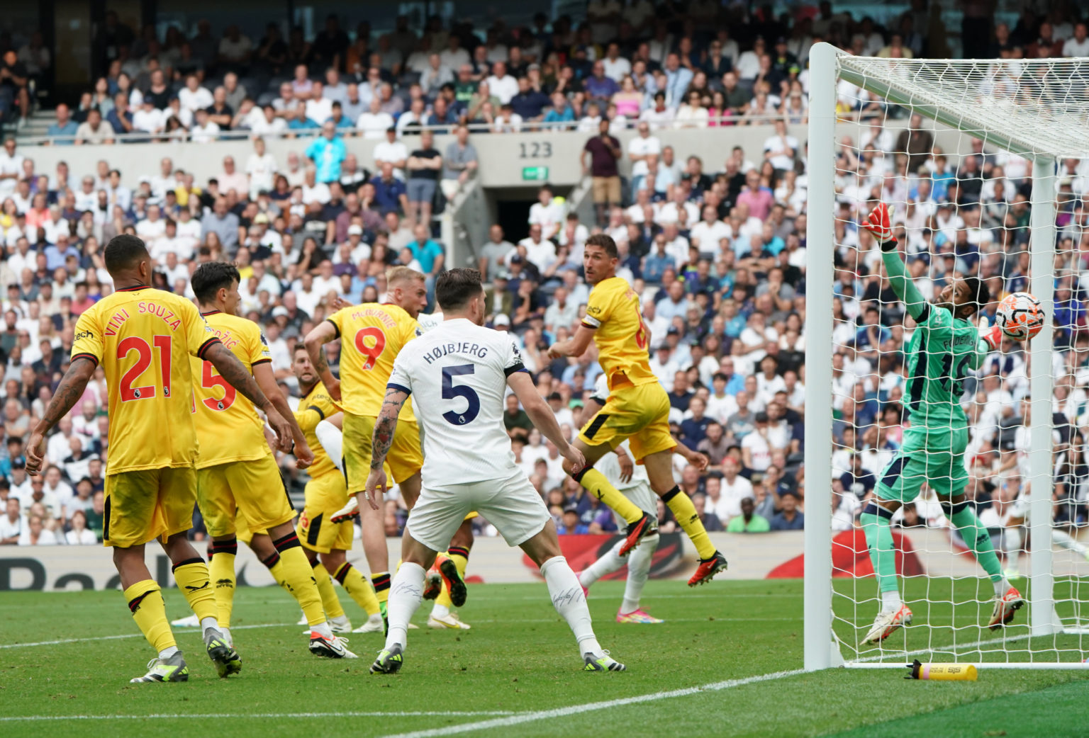 Sheffield United's Wes Foderingham watches Tottenham's Richarlison's shot go into the net during the Premier League match between Tottenham Hotspur...