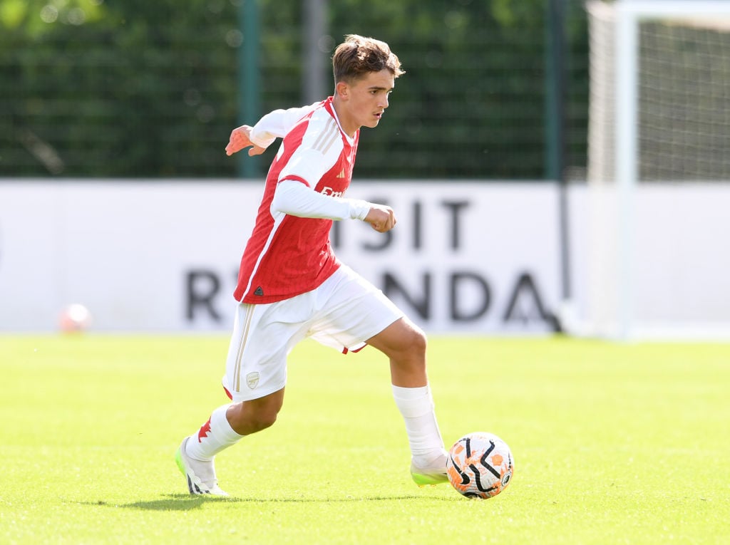 Max Dowman of Arsenal during the U18 Premier League match between Arsenal U18 and Southampton U at London Colney on September 23, 2023 in St Albans...