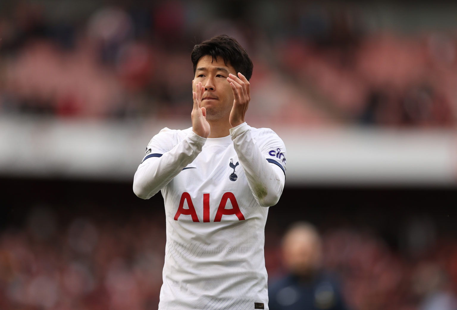 Heung-Min Son of Tottenham Hotspur reacts during the Premier League match between Arsenal FC and Tottenham Hotspur at Emirates Stadium on September...